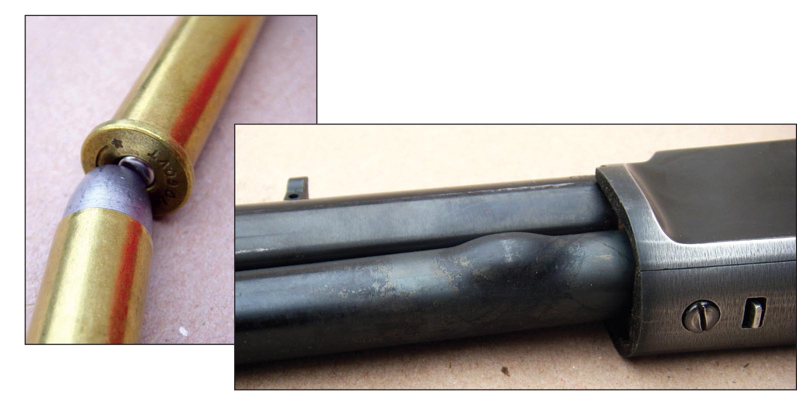 When certain flatnose bullets are loaded in a Marlin magazine tube’s “belly,” they can be positioned to allow the flatpoint “edge” to contact the primer. Above, the bulge was caused by detonation.